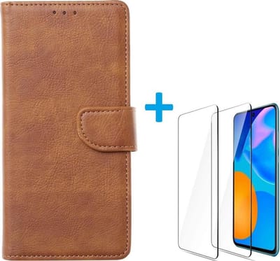 Bookcase Geschikt voor: Huawei P Smart 2021 - Lichtbruin - portemonnee hoesje met 2 stuks Glas Screen protector