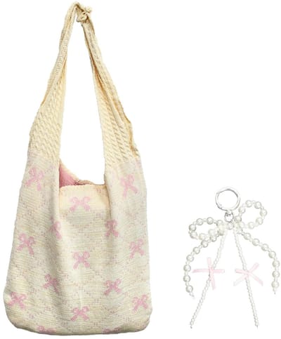 Dailygoods- Crochet Schoudertas - Beige/Pink - Geweven Handtas - Lichtgewicht - Opvouwbaar - 35 x 1 x 36 cm - Duurzaam Polyester