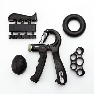 TDR -  5 Delige Verstelbaar Handtrainer Set - Trainer voor Hand, Onderarm, Pols & Vingers – Stressbal, Knijphalter, Stretcher & Grip bal – Anti RSI - Zwart