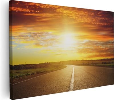 Artaza Canvas Schilderij Landschap - 30x20 cm - Klein - Wanddecoratie Zonsondergang - Muurdecoratie Weg - Kamer Accessoires Natuur
