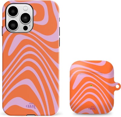 xoxo Wildhearts telefoonhoesje geschikt voor iPhone 14 Pro Max met AirPods 1 en 2 hoesje - set - Boogie Wonderland Orange - Double Layer - Telefoonhoesje met dubbele beschermlaag - Hoesje met golvend patroon - Golven - Oranje met Paars