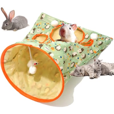 Kattentunnelzak Opvouwbare interactieve tunnel met 5 gaten, kreukelgeluiden, booremmer voor huisdieren met pluchen ballen beige