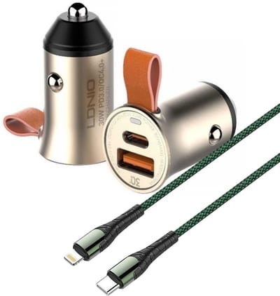 Auto Oplader - USB C naar Geschikt voor: Lightning Kabel (1M) LC111 groen & Auto Stekker - USB A & C Snel Lader 30W - PD20W/QC3.0 Autolader