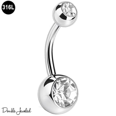 Navelpiercing - 316L Chirurgisch staal - met Witte zirkonia stenen - 10mm – 1.6mm - Double Jeweled