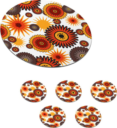 Onderzetters voor glazen - Rond - Design - Retro - Oranje - Bloemen - 10x10 cm - Glasonderzetters - 6 stuks