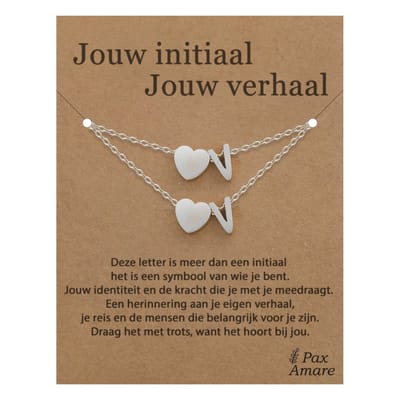 Letter V ketting + armband set op Cadeau Kaartje - Jouw initiaal, jouw verhaal - Zilverkleurig Stainless Steel - Initiaal & Hartje Hanger - Pax Amare