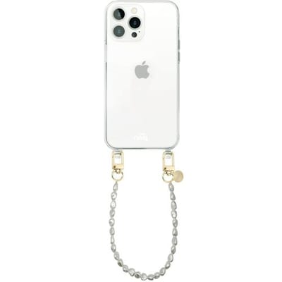 xoxo Wildhearts siliconen hoesje - Geschikt voor iPhone 12 Pro Max - Pearlfection - Telefoonhoesje - Hoesje met koord - Parelketting - kort telefoonkoord - Transparant hoesje (korte variant)