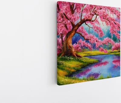 Saammp Canvas Schilderij - Roze boom aan een meer - Natuur - Landschap - 20x20 - Foto op canvas - Wanddecoratie - Muurdecoratie Woonkamer - Slaapkamer decoratie - Canvas Print