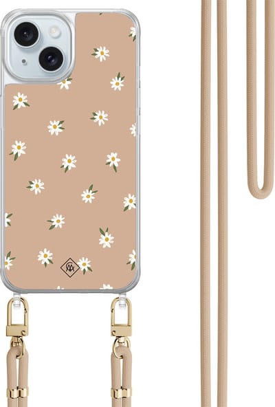 Casimoda® hoesje met beige koord - Geschikt voor iPhone 15 - Sweet Daisies - Afneembaar koord - TPU/acryl - Bruin/beige