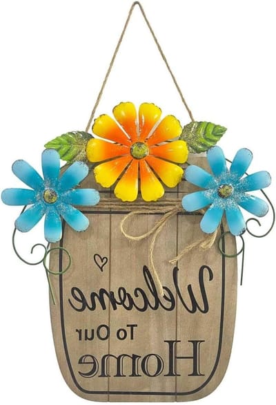 Houten Welkom Bord - Deurhanger Teken - Voordeur Decoratie - Metalen Bloemen - Kleurrijk