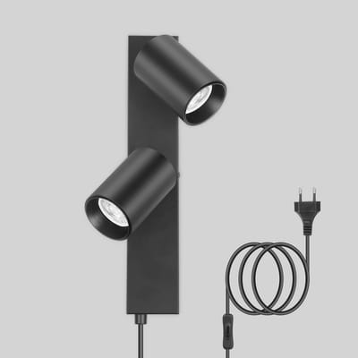 Wandlamp met 2 draaibare spots en schakelaar - Zwart met vintage stekker voor woonkamer en slaapkamer