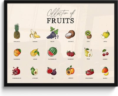 Fotolijst inclusief poster - Posterlijst 80x60 cm - Posters - Fruit soorten - Kleurrijk - Eten - Vintage - Foto in lijst - Keuken decoratie muur - Wanddecoratie accessoires - Muurdecoratie - Schilderijen