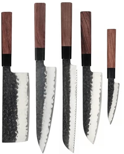 Shinrai Knives - Kurayami 5-delige Damascus Messenset - Koksmes + Broodmes + Nakiri + Santoku + Schilmes