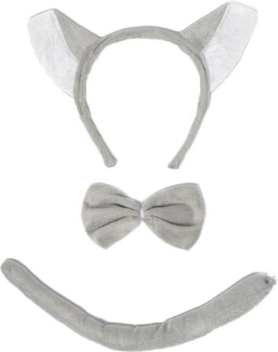 KIMU® Wolf Haarband Oren, Strik, & Staart Diadeem Set - Grijs Wit Zacht Wolvenpak Dierenpak Oortjes Pak - Strikje Staartje Hond Kat Husky Festival