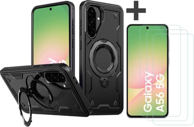 Hoesje Geschikt voor Samsung Galaxy A56 met 3 Stuks gehard glas Screenprotectors - Armor hoes met Ringhouder - Arara backcover - Zwart