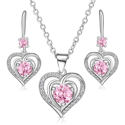 Juwelium Hart in Hart Ketting en Oorbellen Set Verstelbaar 41 tot 46 cm met Roze Zirkonia Kristallen in Luxe Sieradendoos – Perfect Cadeau voor Vrouw, Vriendin, Moeder, Dochter