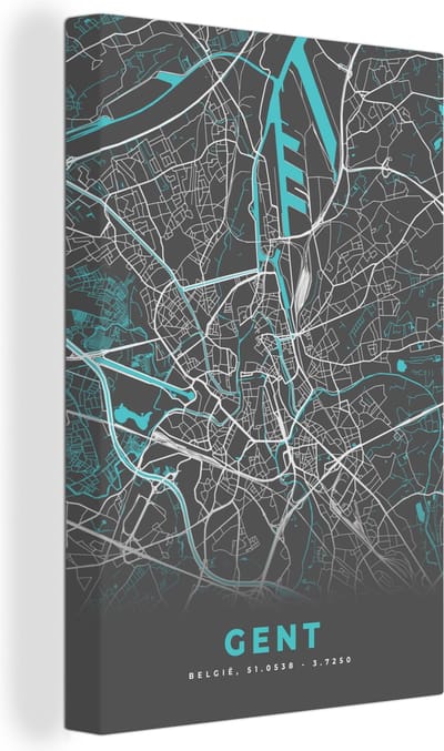 Canvas Schilderij Kaart – Plattegrond – Stadskaart – Gent – België - Grijs - 20x30 cm - Wanddecoratie