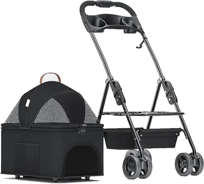 Opvouwbare Huisdierenbuggy - Reisbuggy Kat - Comfortabel Reizen - Afneembare Drager - 96.5 cm Hoog - Zwart