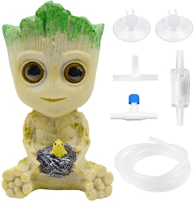 Dailygoods - Baby Groot Aquariumdecoratie, luchtsprudler voor aquarium met Groot-hars, Groot luchtspruitsteendecoraties met terugslagkleppen set, slang, zuignap*2