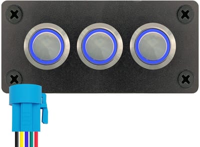 ProRide Metalen Drukschakelaars ON-OFF 220V - 16mm - Drievoudig inbouwpaneel - IP67 - LED indicatie Blauw