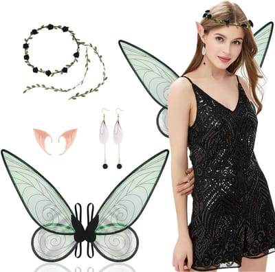 Aomig Fairy Wing, vlindervleugels voor volwassenen vrouwen, sprankelende pure vleugels met bloemenhoofdband, elfenoren en oorbellen, engelenvleugels prinses verkleedkostuums voor Halloween Party Cospl