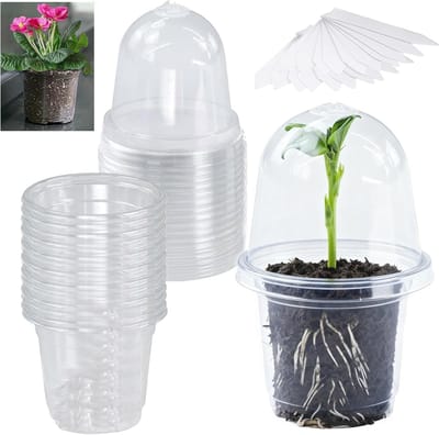 24 stuks plantenpotten, 10,5 cm diameter, transparante kunststof plantenpotten met deksel, kweek met 24 platte etiketten, bloempotten, plantenpotten voor zaailingen, vetplanten, zaden en