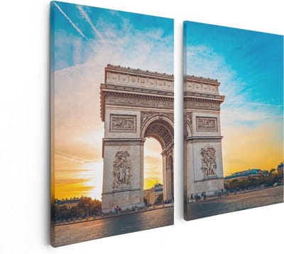Artaza Canvas Schilderij Tweeluik Arc De Triomphe In Parijs Met Zonsondergang - 80x60 - Foto Op Canvas - Canvas Print