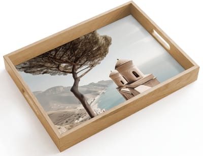 Dienblad hout 40x30 cm - Schootdienblad - Kust - Klif - Boom - Gebouw - Borrelplank rechthoek - Plateau dienbladen