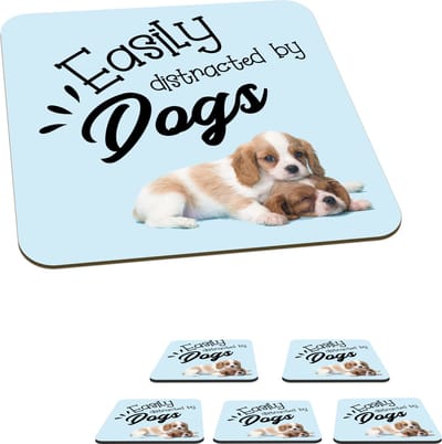 Onderzetters voor glazen - Easily distracted by dogs - Quotes - Spreuken - Hond - 10x10 cm - Glasonderzetters - 6 stuks
