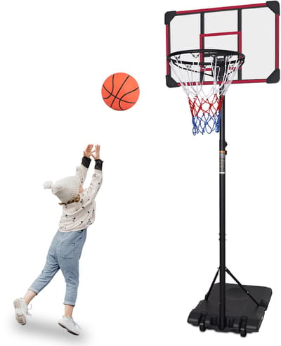 OKWISH Basketbalstandaard – In Hoogte Verstelbaar 170-213 Cm – Met Wielen – IJzer En PE – Zwart Rood – Binnen En Buiten