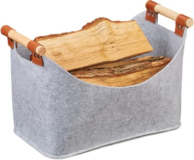 vilten mand - 27 x 40 x 22 cm - opvouwbare houtmand - met hengsels - lichtgrijs