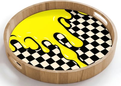 Dienblad rond 40x40 cm - Schootdienblad hout - Geblokt - Grafisch - Vloeistof - Geel - Borrelplank rechthoek - Plateau houten dienbladen