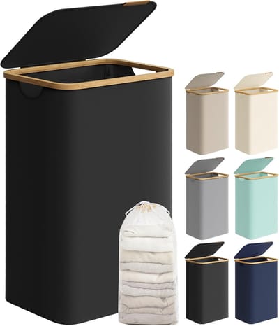 Wasmand met Bamboe Deksel – 90L Opvouwbare Wasbox – Met Uitneembare Waszak – 42x32x70.5 cm