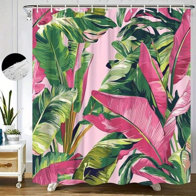 Tropisch Banaan Douchegordijn Levendige Botanische Print Groen Magenta Roze Bladeren Artistieke Natuur Badkamer Decoratie Met Haken W90H200(CM)-1 Pcs