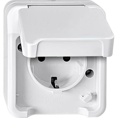Merten MEG2300-8019 AquaStar Compleet Wandcontactdoos met randaarde en klapdeksel spatwaterdicht Polair-wit 1-voudig 1 stuk(s)