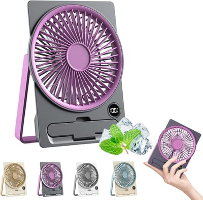 Bureauventilator – Ultradunne, oplaadbare USB-miniventilator – 180° verstelbaar & inklapbaar – Met telefoonhouder – 6 snelheidsstanden – Slim lcd-scherm – Geschikt voor kantoor en slaapkamer – Paars