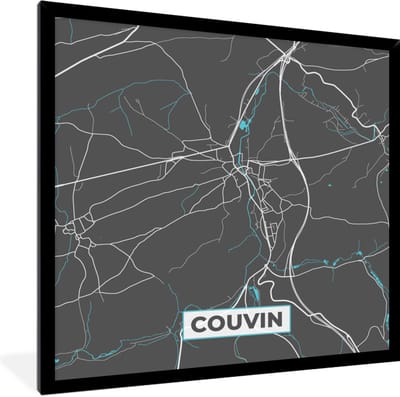 Fotolijst incl. Poster - België – Couvin – Stadskaart – Kaart – Blauw – Plattegrond - 40x40 cm - Posterlijst