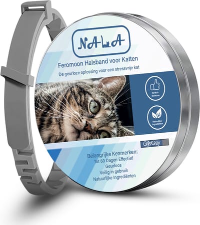Nala Katten Feromoon Halsband – Geurloze Kalmerende Halsband met Synthetische Feromonen – Donkergrijs – Voor Stressvermindering en Ontspanning – Geschikt voor Alle Kattenrassen en Levensfasen – Verbeter Gedrag en Creëer een Rustige Omgeving