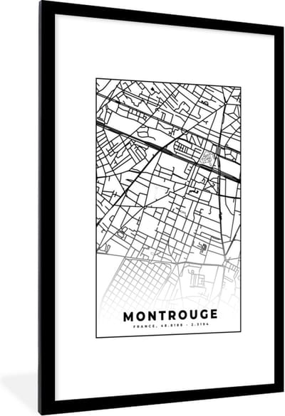 Fotolijst incl. Poster Zwart Wit- Stadskaart – Plattegrond – Montrouge - Kaart – Frankrijk - Zwart wit - 80x120 cm - Posterlijst