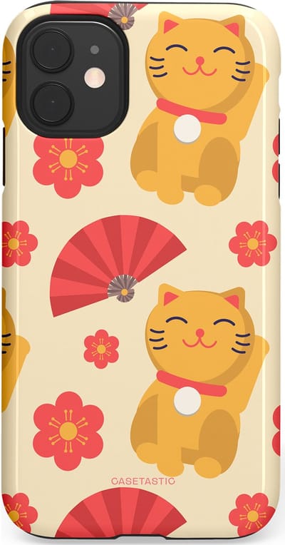 Casetastic hoesje geschikt voor Apple iPhone 11 - Dubbellaagse bescherming - Japanse Poezenvreugde - Lucky Cats - Fashion Case - Crème Koraal Goud