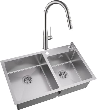 Auralum max Dubbele spoelbak voor keuken 75x45cm - Spoelbak Keuken Met Keukenkraan Met Uittrekbare Uitloop - Roestvrij staal - Wasbak met waterafvoersysteem - Met zeepdispenser 300ml