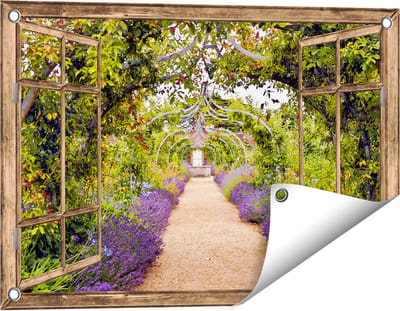Gards Tuinposter Doorkijk Lavendel Pad - 60x40 cm - Tuindoek - Tuindecoratie - Wanddecoratie buiten - Tuinschilderij
