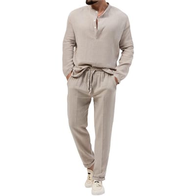2 Stuks/Set Heren Zomer Outfit Opstaande Kraag Knopen Halslijn Lange Mouw T-shirt Elastische Taille Trekkoord Zakken Lange Broek Set M abrikoos