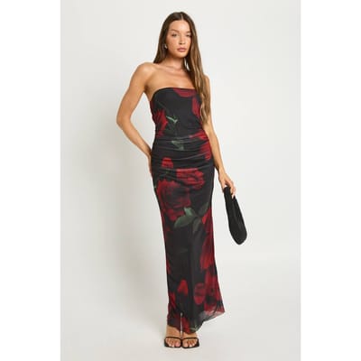 boohoo Dames Mesh Bloemenprint Bandeau Maxi Jurk | Natural Black | Maat: 36