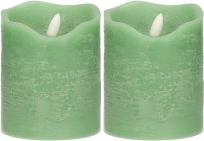 Stern Fabrik LED kaars/stompkaars - 2x - mintgroen - D7,5 x H10 cm - timer - 3D vlam