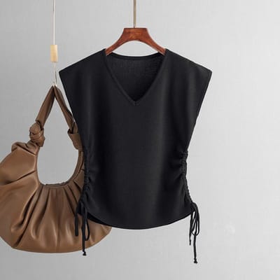 Gebreid Mouwloos V-hals T-shirt Dames Chic Koord Kort Slim Fit Top One size