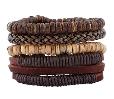 Sorprese armband - Vintage - armband heren - leer - kralen - bruin - 6 snoeren - verstelbaar - cadeau - Model M
