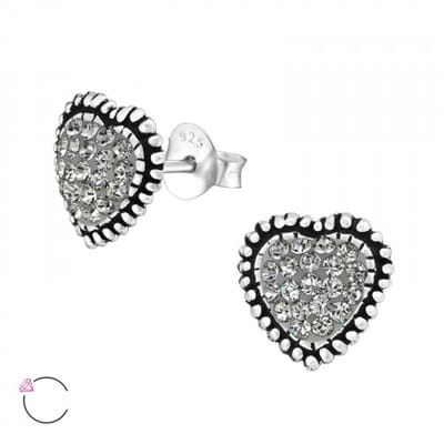 Joy|S - Zilveren hartje oorbellen - 9 mm - La Crystale kristal black diamond grijs - geoxideerd - oorknoppen