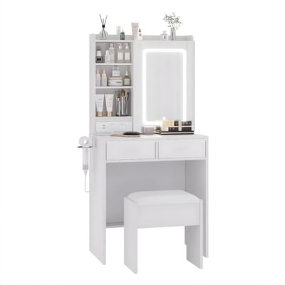 Make-upbureau Klein - Voor Slaapkamer & Thuis - Kaptafelset met Spiegel, Verlichting, Lade en Stoel - Laadstation Inclusief - WIT