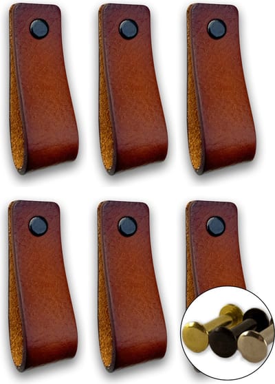 Leren handgrepen - Cognac - 6 stuks - 16,5 x 2,5 cm - incl. 3 kleuren schroeven - Handgrepen leer - Leren meubelgreep - Leren handvaten kast - Leren lus - Handgreep kast leer - Leren greepjes - Handvat leer - Leren deurgreep - Leren handgreep cognac